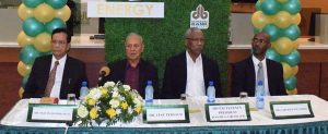 (from left) Seated at the head table, Demerara Bank CEO, Pravinchandra Dave, Chairman of the Board of Directors, Dr. Yesu Persaud, President David Granger and Director of Demerara Bank Ltd. Garfield Wiltshire 