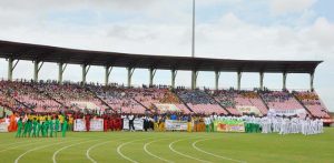 Teams line up at the National Stadium last year after the March Past for the Opening Ceremony of the National Schools’ Championships.