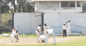 Eon Hooper, who took 5-76 from 57 overs yesterday at Everest bowls to Rajendra Chandrika. (Sean Devers photo)  