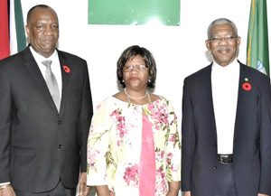 High Commissioner, Her Excellency Xoliswa Ngwevela (Centre); President  of Guyana, David Granger (Right) and Minister of State, Joseph  Harmon during the accreditation ceremony, State House Georgetown. 
