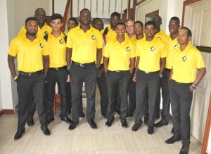 Members of the Guyana Jaguars prior to their departure at the GCB office.