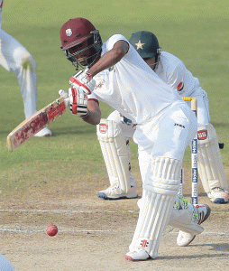 Kraigg Brathwaite comes out to meet the ball, Pakistan v West Indies, 3rd Test, Sharjah, 4th day, ©AFP