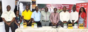 Minister of Education, Dr. Nicolette Henry (fourth, right) ushers in the 56th National Schools’ Championships with from right: Digicel’s Head of Marketing, Jacqueline James, Glendon Fogenay, Edison Jefford, Chief Education Officer, Marcel Hutson, GTU President, Mark Lyte, Banks DIH Non Alcoholic Brand Manager, Clayton Mckenzie and other stakeholders.