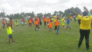 Players being taken through some exercises by the facilitators of the GFF Grass Roots Festival at the Grove Playfield on Saturday last.
