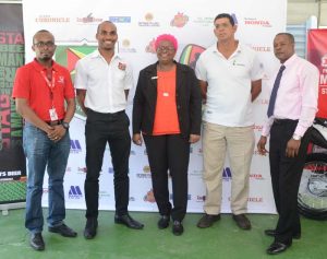 Sponsors including Marics Honda, Camex Restaurant (under the Church’s Chicken brand), E.C. Vieira Investments, Impressions, Guyana National Newspapers Limited (GNNL) and the National Communications Network (NCN) pose for a photo op on Thursday on the GFF lawns.