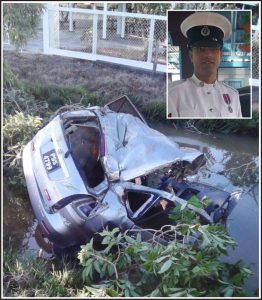 Police Corporal Satish Narine (inset) and the badly damaged car. 