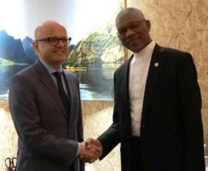 President David Granger and Minister of Climate and Environment, Mr. Vidar Helgesen of the Kingdom of Norway following their meeting Wednesday.