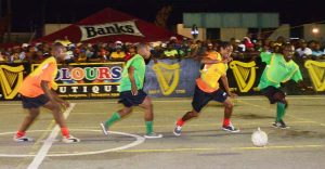 Part of the action that featured Back Circle versus East Front Road on the final night of the Knockout phase of the Georgetown Guinness ‘Greatest of the Streets’ Futsal Competition.