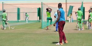 Kemo Paul bowls to Vishaul Singh during yesterday’s net session at Providence (Sean Devers photo)