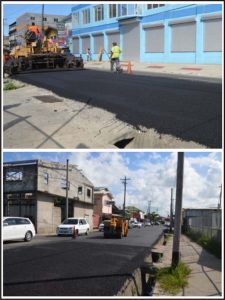 (Above) Workers from the Ministry of Public Infrastructure’s Special Projects Unit applying asphalt on Lombard Street (Below) A section of the completed Lombard Street.