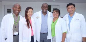 First graduating class of residents from the GPHC Obstetrics and Gynaecology Residency Programme. From left: Dr. Geremias Rangel, Dr. Natasha France, Dr. Ademola Biala, Dr. Anita Ramlall, Dr. Narine Singh.