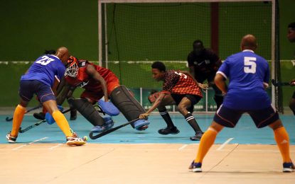 Noble House Seafoods Goals Galore Indoor Hockey C/Ship Action heating up at the National Gymnasium