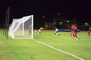 Trayon Bobb runs to celebrate with his teammates after scoring his second goal last evening at Leonora.