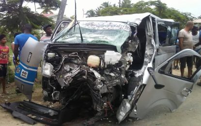 Minibus slams into light pole, flips on side – driver critical, several injured