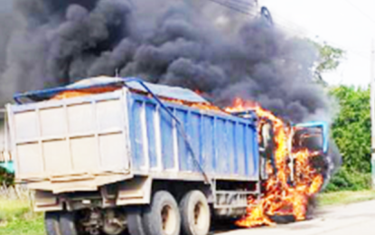 Truck engulfed into flames on Corentyne Public Road.