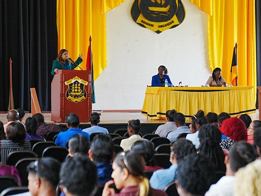 Minister of Education, Priya Manickchand on Tuesday engaging parents of students of Christ Church Secondary at the Queens College auditorium. (Photo courtesy of the Ministry of Education)