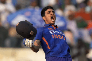 India's Shubhman Gill celebrates scoring a double-century during the first one-day international cricket match between India and New Zealand in Hyderabad, India, Wednesday, Jan. 18, 2023. (AP Photo/Mahesh Kumar A.)