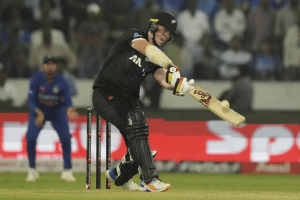 New Zealand's Michael Bracewell plays a shot during the first one-day international cricket match between India and New Zealand in Hyderabad, India, Wednesday, Jan. 18, 2023. (AP Photo/Mahesh Kumar A.)