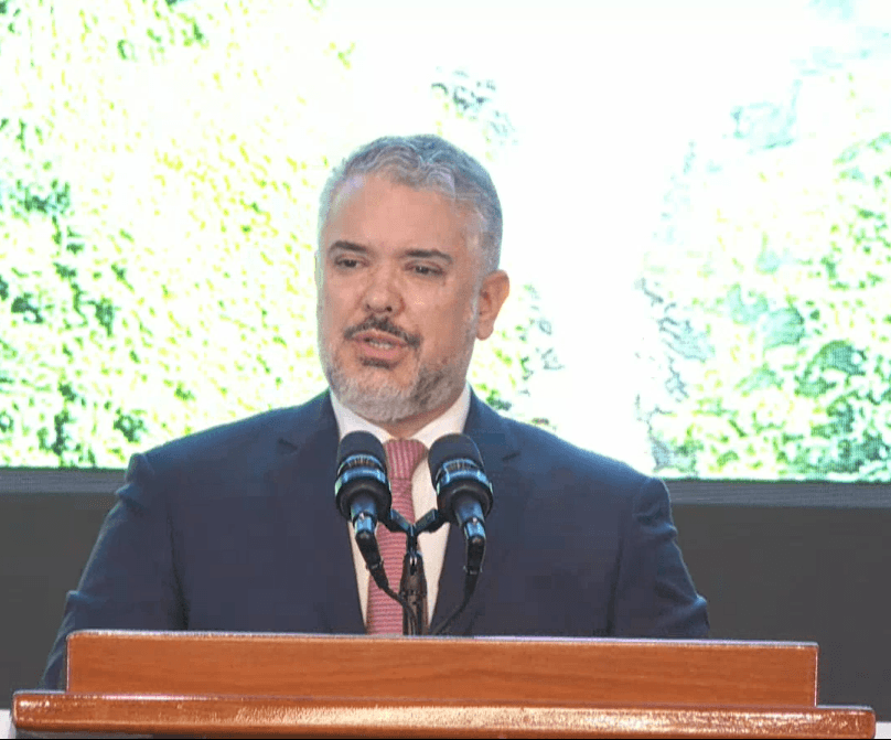 Former President of Colombia, Ivan Duque speaking at the opening ceremony of Guyana’s second International Energy Conference and Expo held on Tuesday.