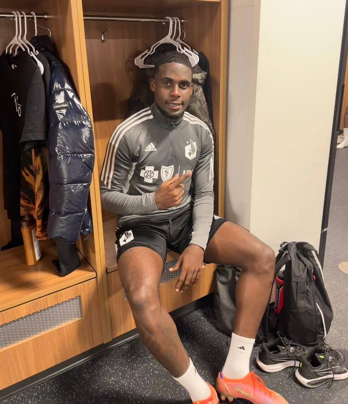 Guyana’s Jeremy Garrett sharing a light moment in the dressing room of Minnesota United following his first day of training with the MLS Club at Allianz Field, St Paul.