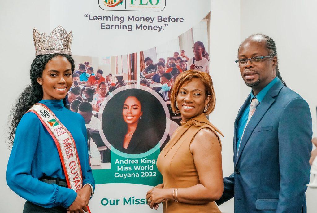 Miss World Guyana Queen, Andrea King and her parents during the launch of her financial literacy project