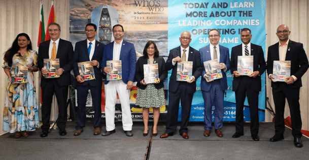 Pictured at the launch of the ‘Who’s Who in Suriname’ business directory are (at far left) Anuskha Sonai, President of Creative Tech Hub Caribbean, and (at far right) President of ActionINVEST Caribbean Inc. Dr. Vishnu Deorga along with other Guyanese and Surinamese dignitaries.