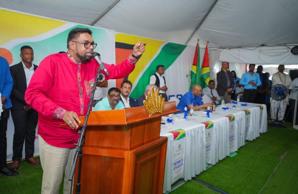 President Irfaan Ali during his address at Palymra, Berbice (Photo credit: Office of the President Facebook page)
