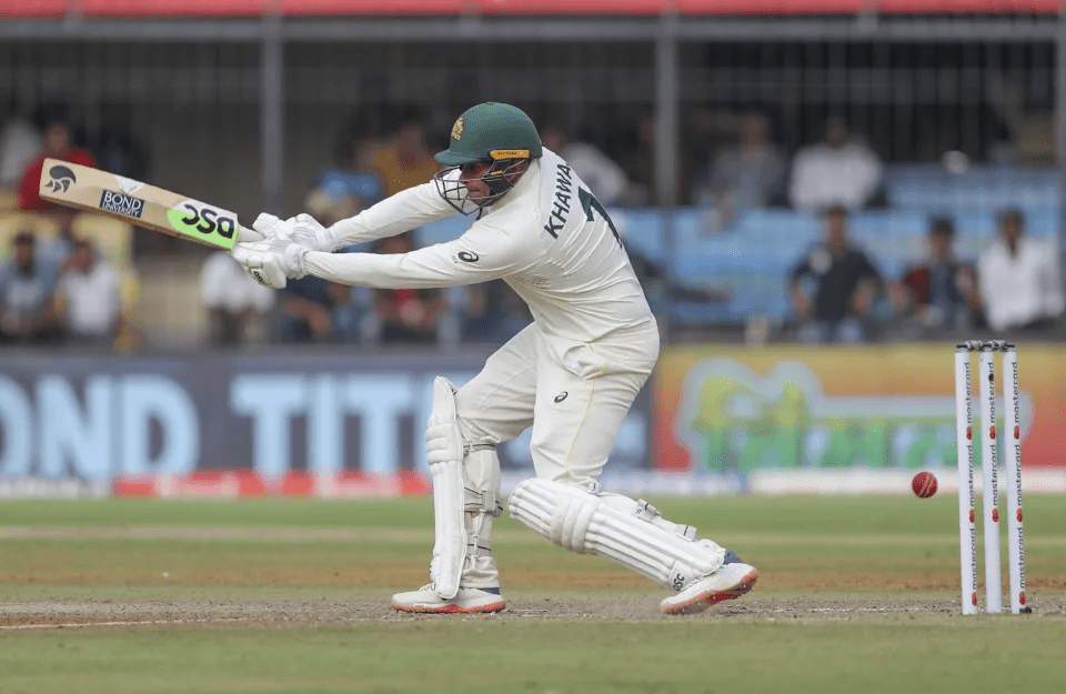 Australia's Usman Khawaja plays a shot during the first day of third cricket test match between India and Australia in Indore, India, Wednesday, March 1, 2023. (AP Photo/Surjeet Yadav)