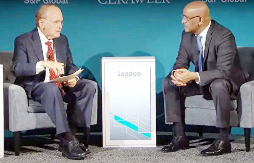Vice President, Bharrat Jagdeo (at right) in discussion with S&P Global’s Vice Chairman, Daniel Yergin