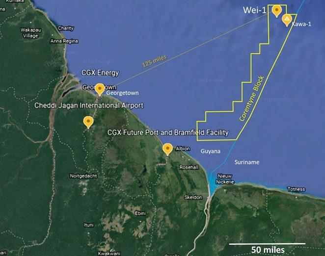 Map showing the location of the Corentyne Block and the Wei-1 well