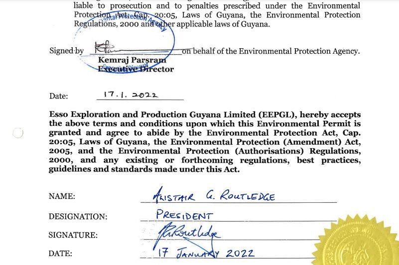The Liza II Permit Varied Modified signature page, inked by then EPA Head, Khemraj Parsram and EEPGL’s President Alistair Routledge