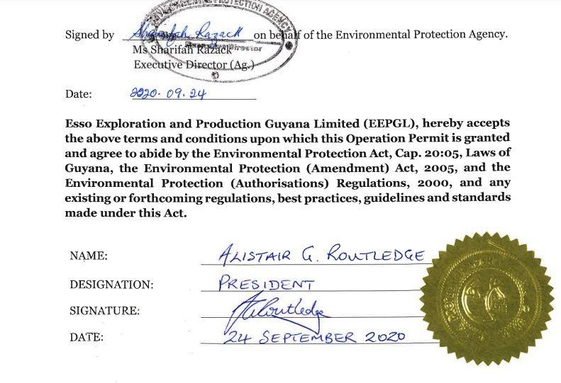 The Payara Permit signature page with the signatures of then acting EPA Head, Sharifah Razack, and EEPGL’s President Alistair Routledge