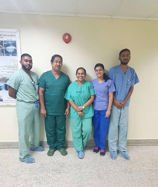 Surgery was done by Advance Laparoscopic Surgeons, Dr. Hemraj Ramcharran (second from left) and Dr. Jagnanand Ramnarine (first from right). Also assisting were Dr. Drohinath Singh (first from left), Dr. Bibi Hussain (third from left) and Dr. Dianne Narine (second from right).