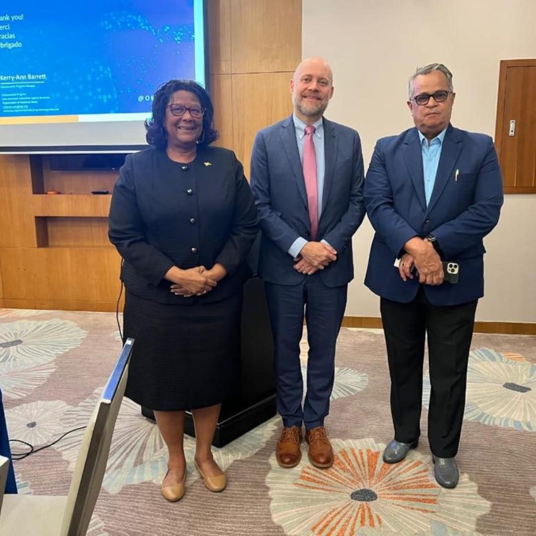 Deputy Assistant Attorney General of the U.S. Department of Justice, Mr. Richard W. Downing (center) with Ambassador Elisabeth Harper, Permanent Secretary of the Ministry of Foreign Affairs and International Cooperation (left) and National Security Advisor Captain Gerry Gouveia (right) on Monday. 