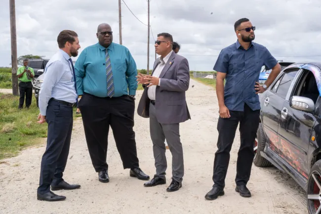 Minister of Housing and Water, Collin Croal, Permanent Secretary Andre Ally, Chief Executive Officer of the Central Housing and Planning Authority (CHPA), Sherwyn Greaves, and Republic Bank Limited Managing Director, Stephen Grell during the inspection