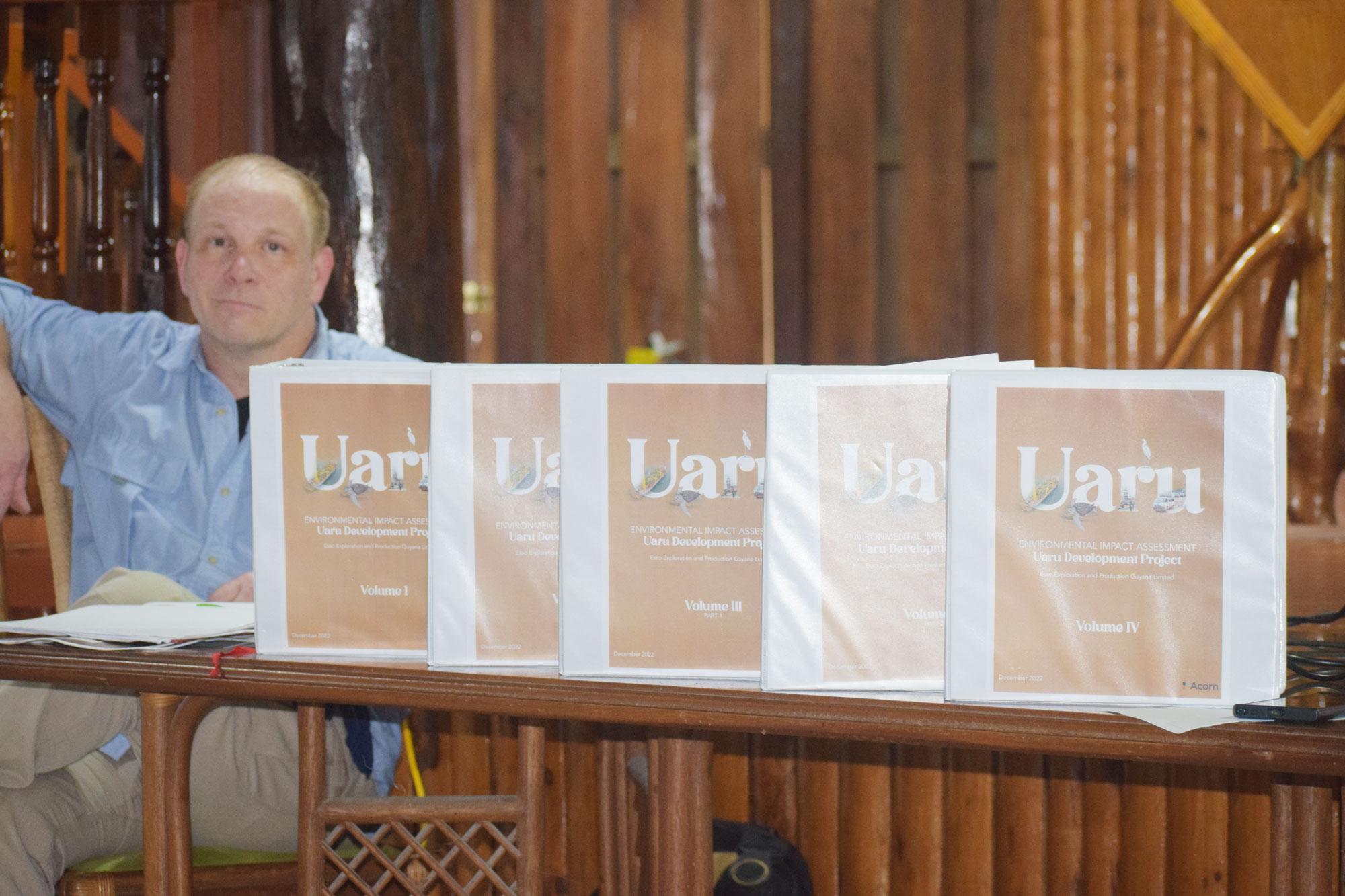 The four volumes of the EIA displayed by the team that the Guyanese public was provided limited time to scrutinize