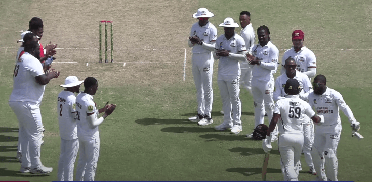 Guyana captain, Leon Johnson, received a gentlemen’s salute as he approached the middle in his last First Class batting innings.