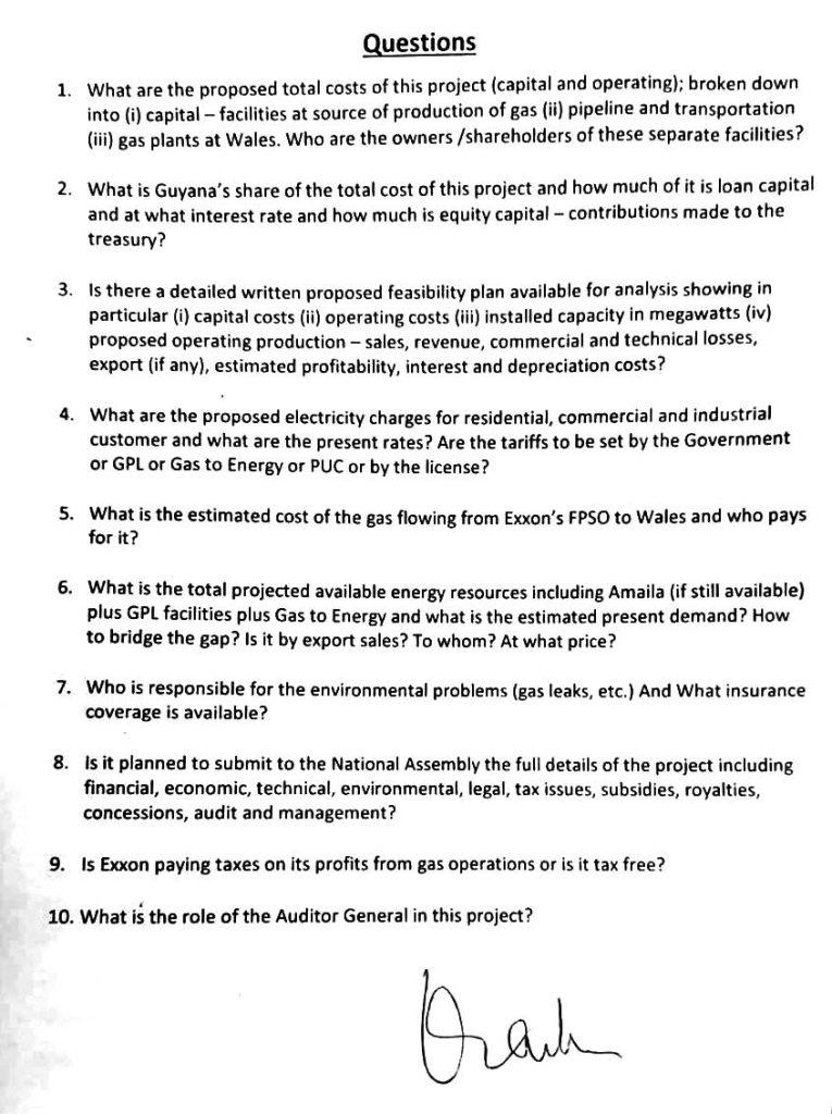 The list of questions submitted by Gaskin