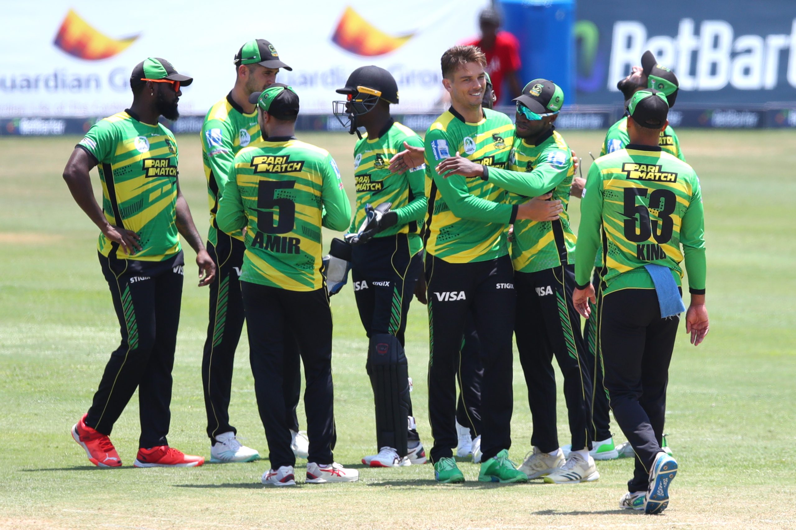Jamaica Tallawahs celebrate during the second half of their showdown with St. Kitts and Nevis Patriots. (Getty Images)