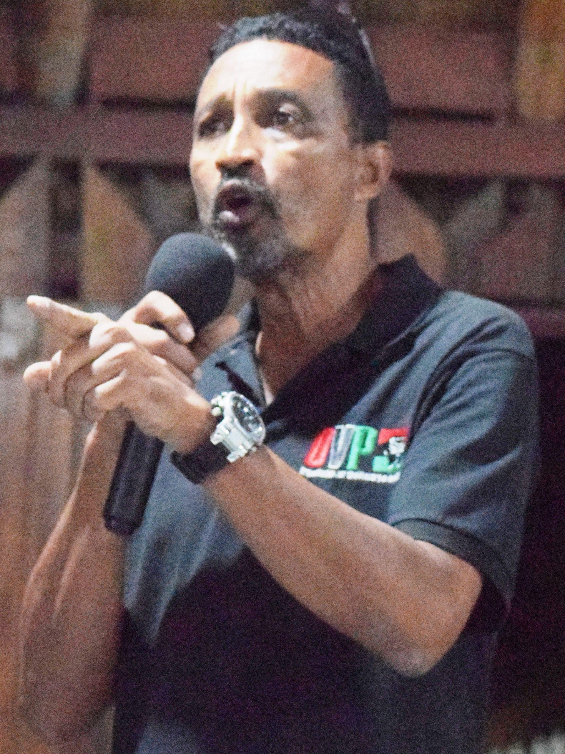 Leader of the OVP party, Gerald Pereira during Exxon’s public meeting in Georgetown