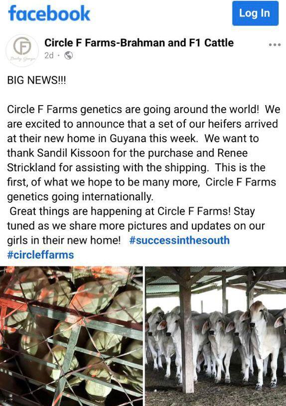 This screenshot shows Circle F Farms extending appreciation to ADH Abary Rice and Cattle Inc.